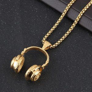 Gold Mens Headphone Necklace - Music‎ Hip Hop DJ Rapper Pendant Jewelry Chain